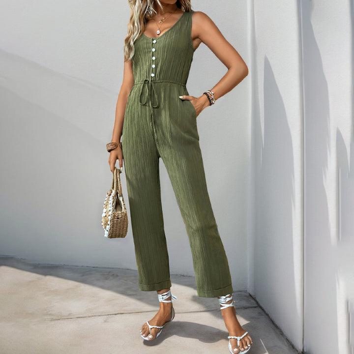 V-neck Sleeveless Jumpsuit With Belt And Pockets Summer Fashion Beach Pants Women's Clothing