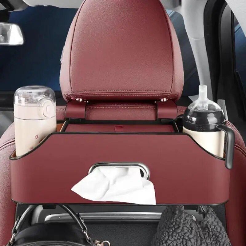 Universal PU Leather Car Seat Back Organizer with Cup Holder & Hooks
