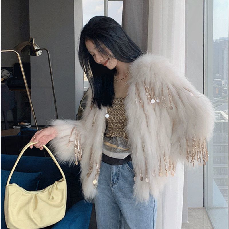 P8A Long Fur Environmental Protection Fox Fur Tassel Fur Coat