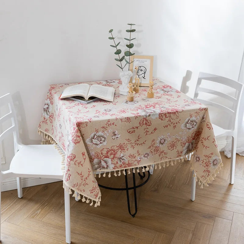 Peony Print Cotton Linen Tablecloth with Tassels for Elegant Home Décor