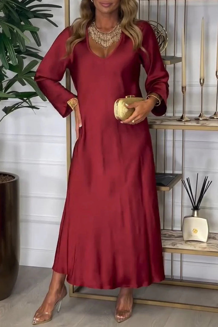 Ladies New V-neck Long Sleeve Autumn Solid Color Dress