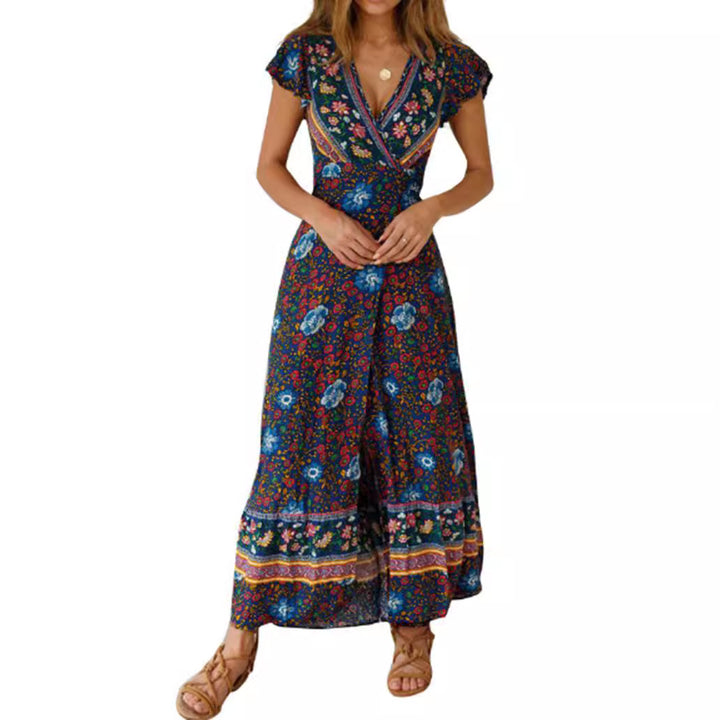 V-neck Split Bohemian Print Dress