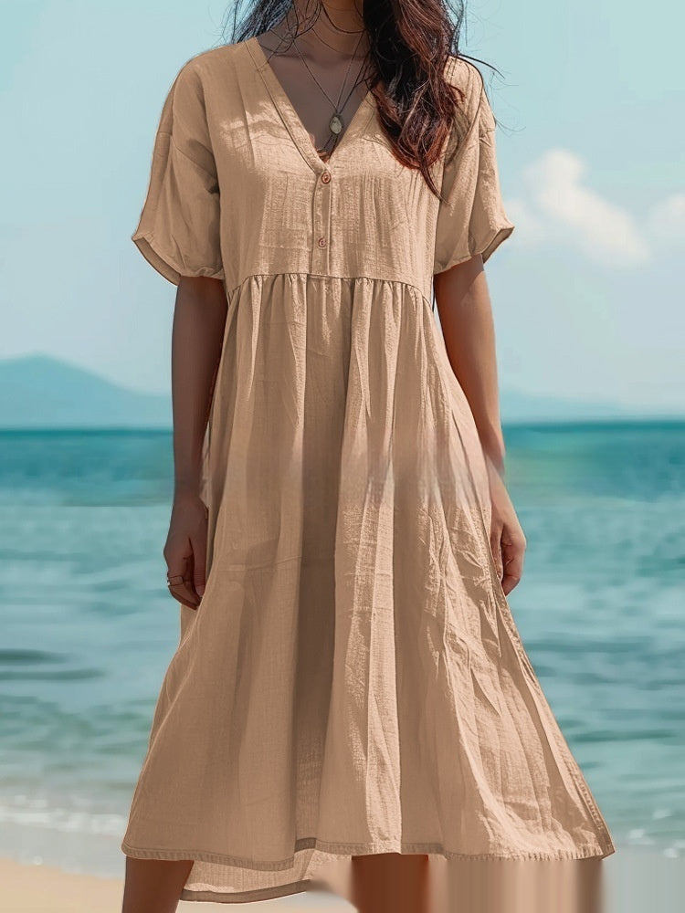 Women's Short-sleeved Cotton And Linen Swing Dress