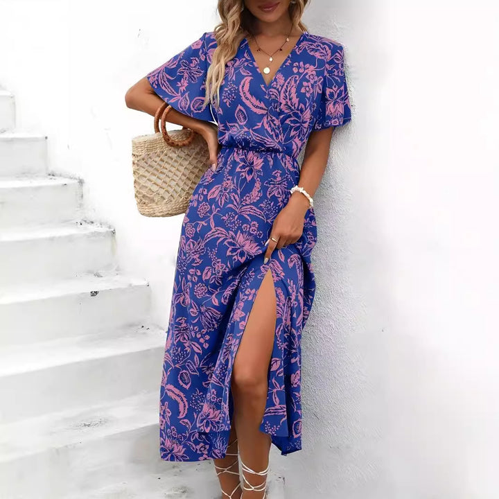 Women's Tropical Printing V-neck Split Dress Women