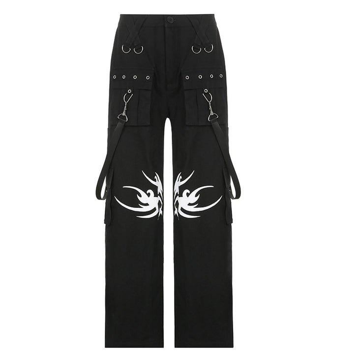 Printed Dark Woven Pants Street Hip-Hop Ribbon Wide-Leg Pants Casual Pocket Trousers