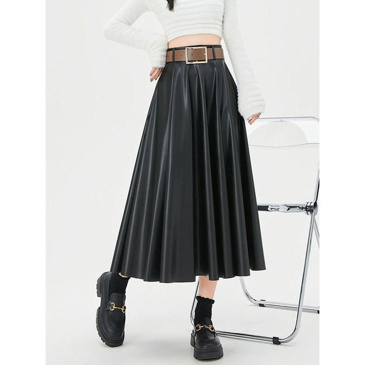 Elegant High-Waist Faux Leather Skirt with Belt