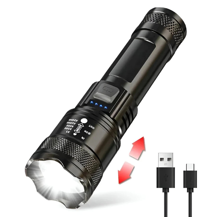 2000 Lumens Tactical LED Flashlight with Zoom & USB Charging