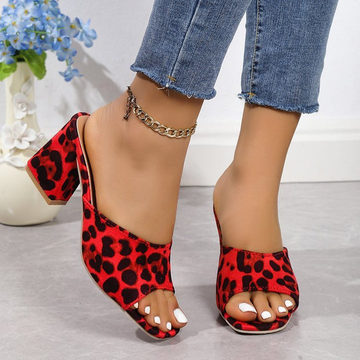 Leopard Square Toe Sandals Summer High-heeled Slippers Chunky Heel Shoes For Women