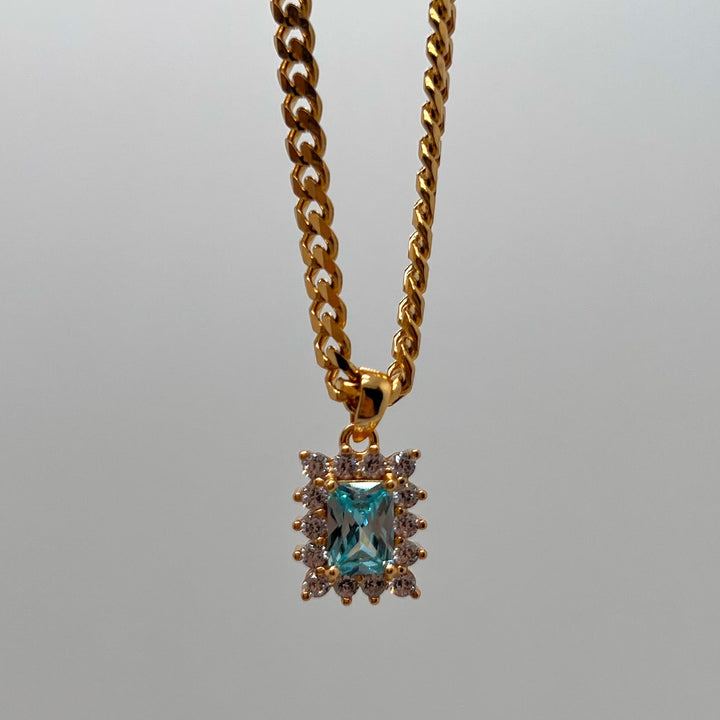 Square Zircon Emerald Navy Blue Titanium Steel Necklace