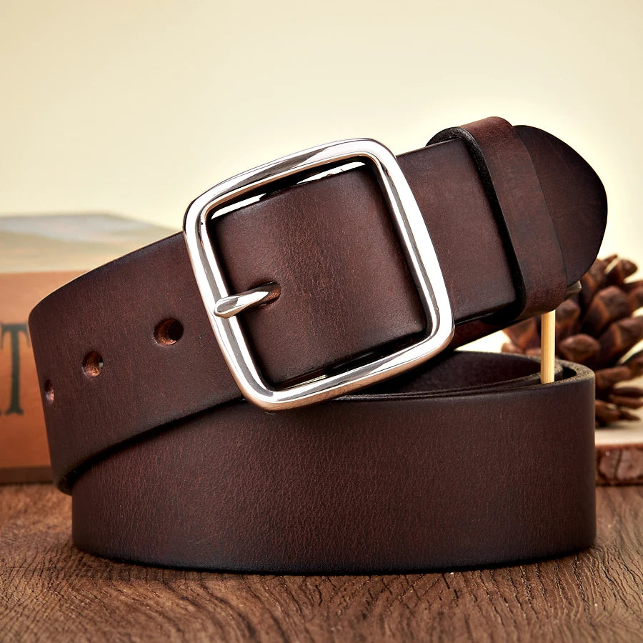 3.8CM Men’s Vintage Cowskin Leather Belt with Anti-Allergy Stainless Steel Buckle