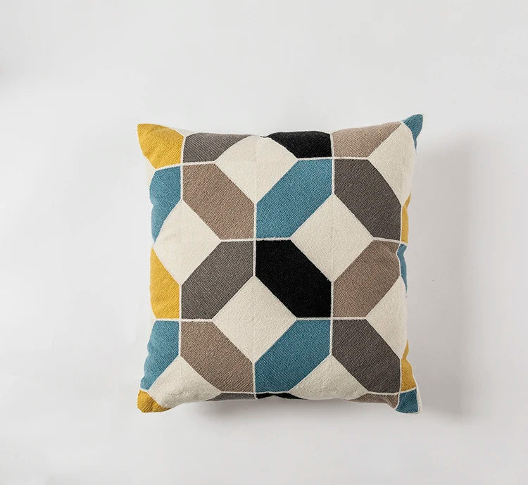 45x45in Geometric Embroidered Cotton Cushion Cover - Blue, Yellow, Grey Abstract Design