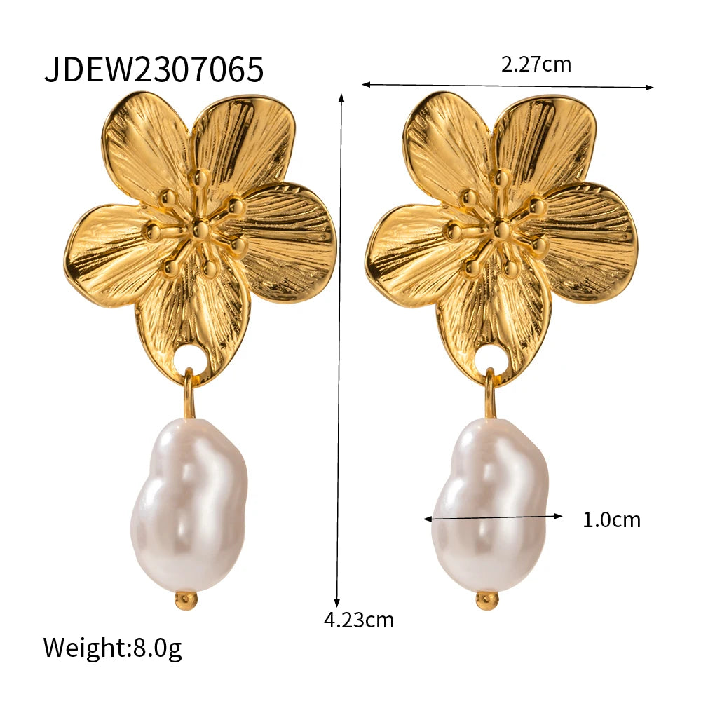 Luxury 18K Gold-Plated Stainless Steel Floral Pearl Drop Earrings