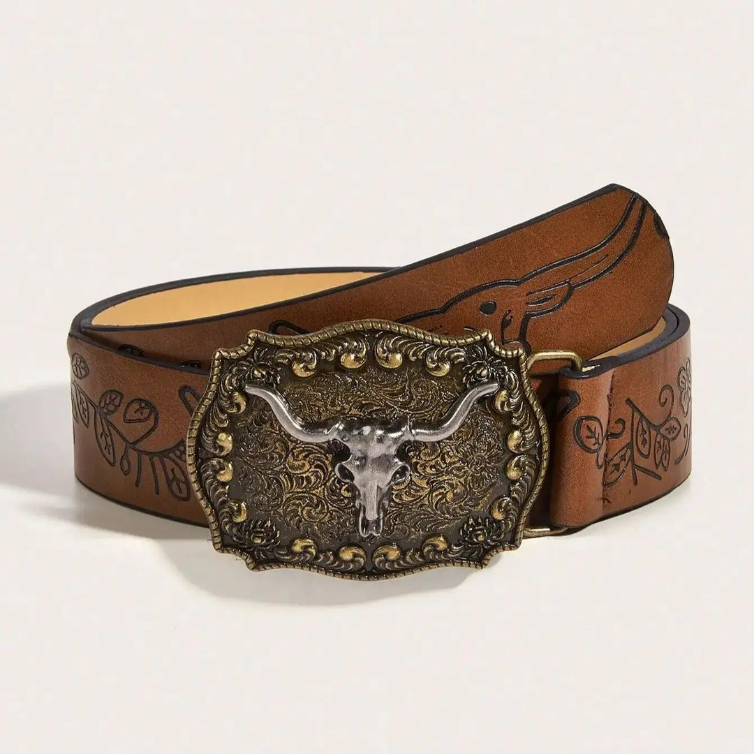 Vintage Western Cowboy Buckle Printed PU Leather Belt