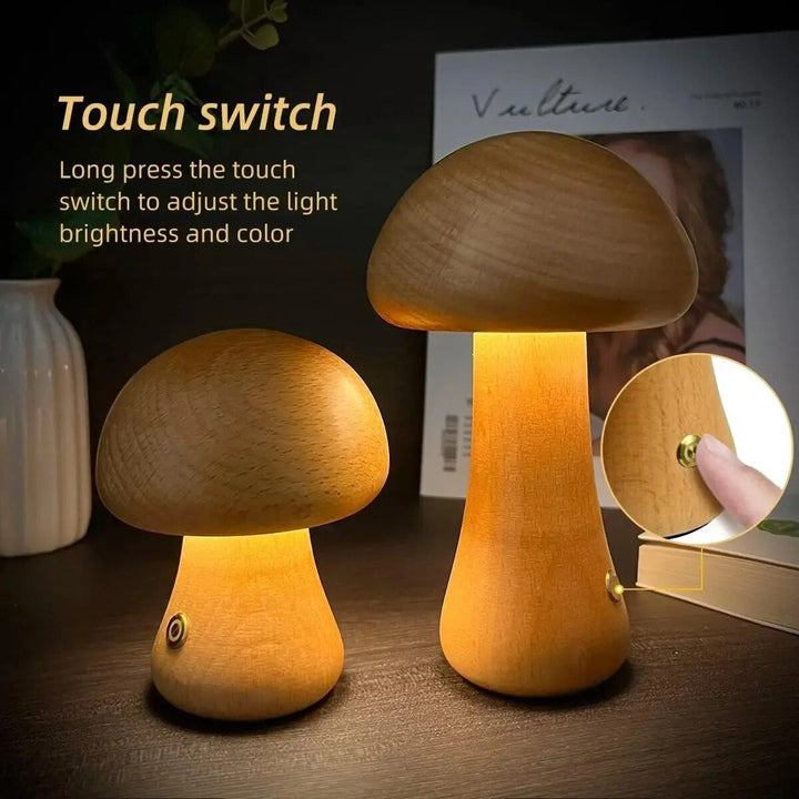 Charming Touch-Control LED Mushroom Night Light - Wooden Bedside Lamp with USB Charging