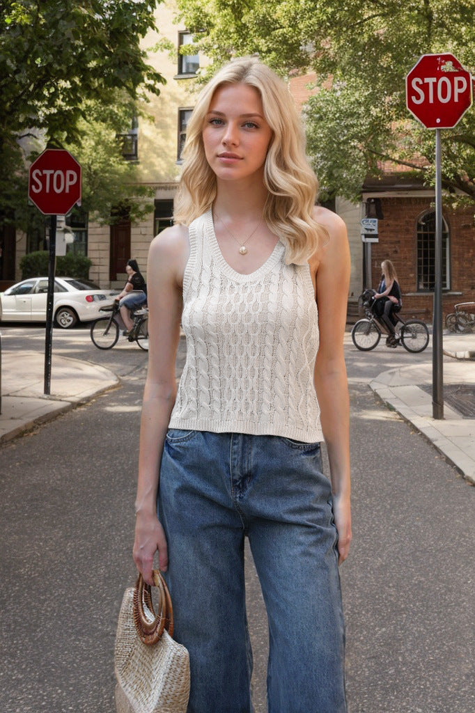 Women's V-neck Tank Vest Fashion Casual Knitted Solid Color Tops