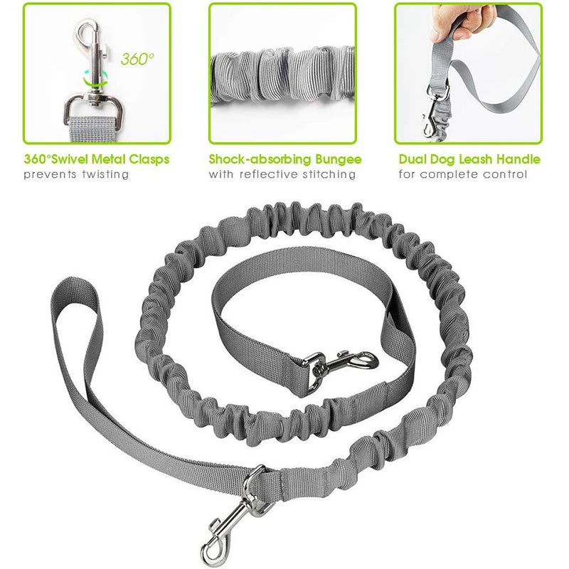 Reflective Hands-Free Dog Leash with Adjustable Waist and Storage Bags for Running and Hiking