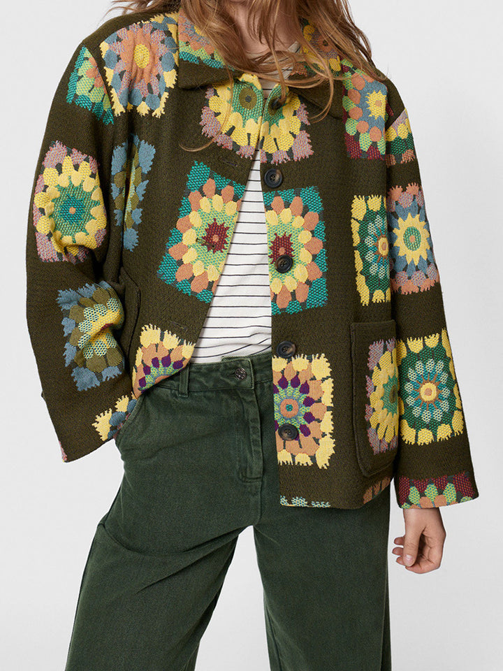 Lapel Long Sleeve Flower Print Green Jacket Coat