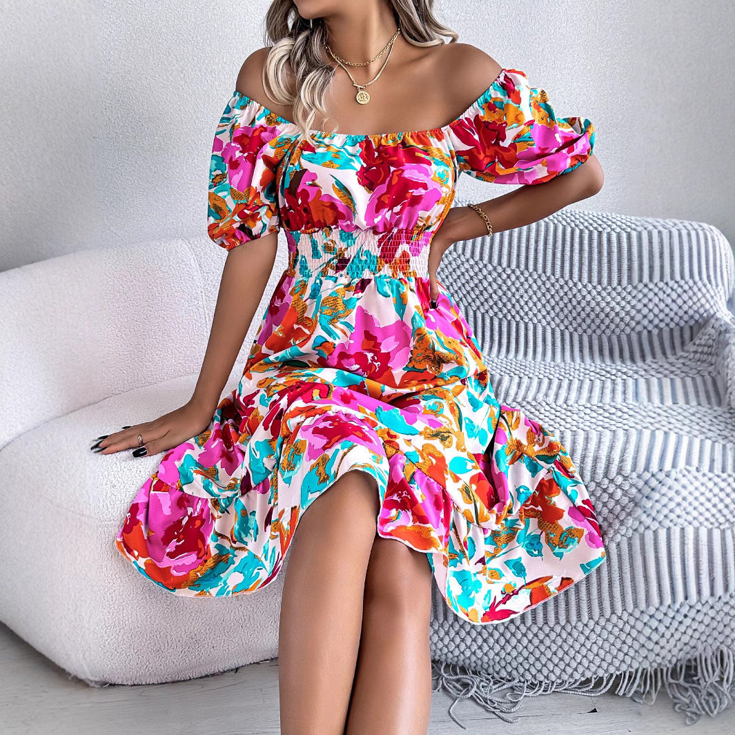 Casual Flower Square Collar Short Sleeve Waist Trimming Ruffles A- Line Dress