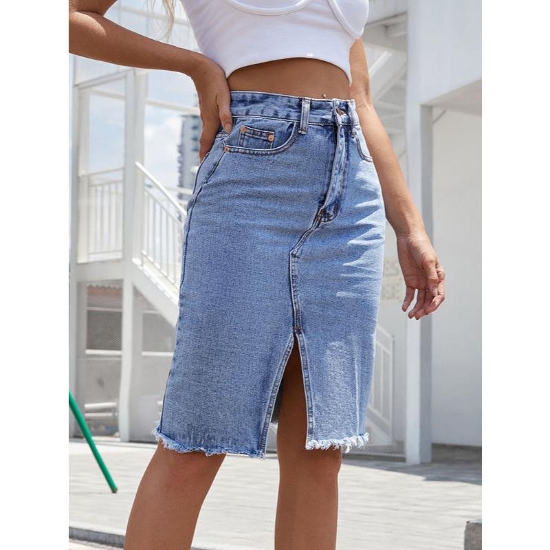 High Waist Split Denim Midi Skirt for Women