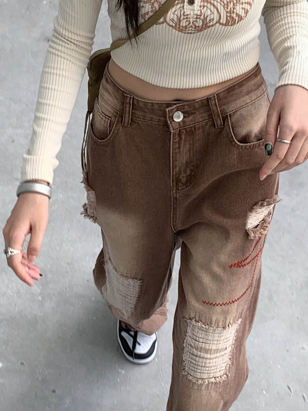 High Waist Slimming Holes Frayed Hem Straight-leg Pants