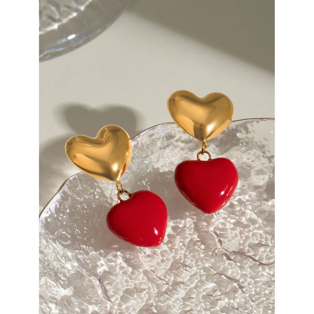 18K Gold Plated Red Heart Pendant Earrings for Women