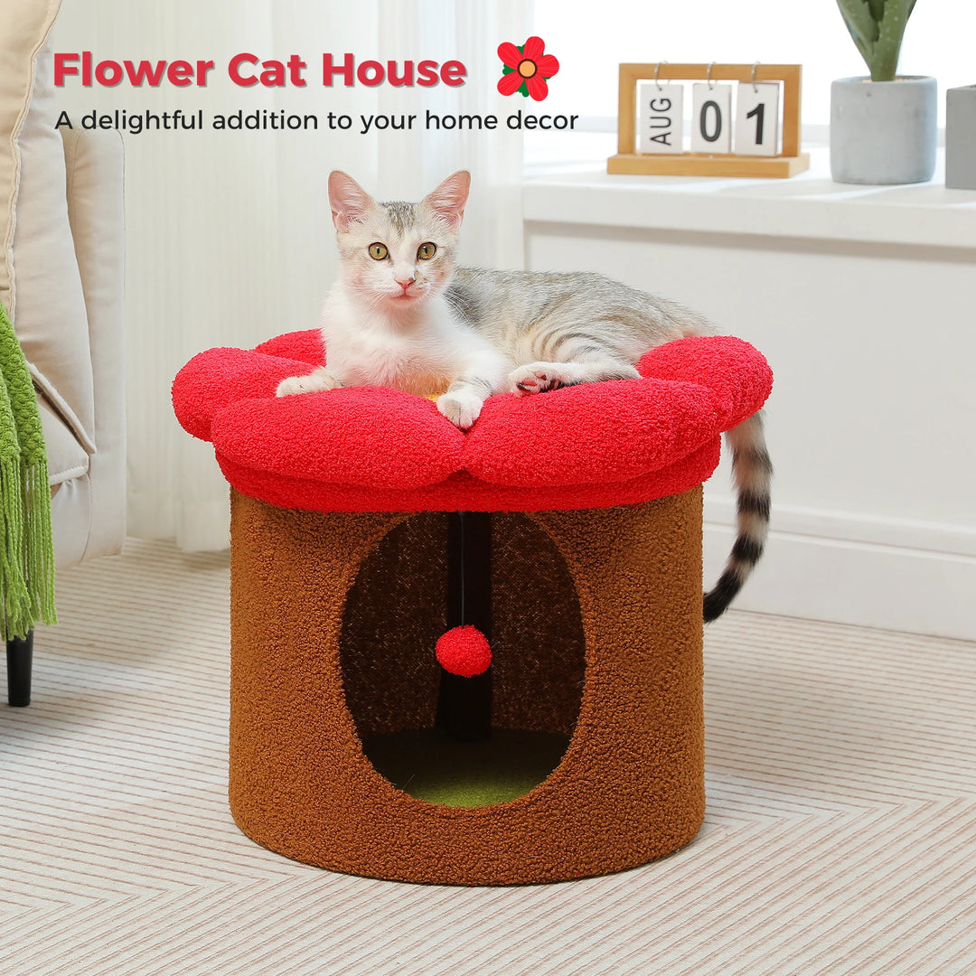 Cozy Flower Cat House with Pompom Ball - Double-Deck Cat Condo