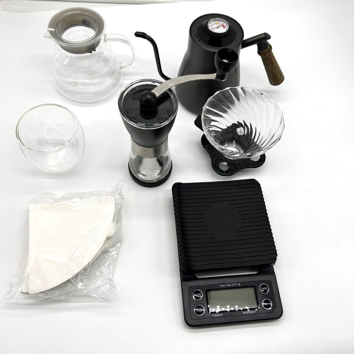 Manual Grinder Hand Wash Pot Double Layer Glass Cup Electronic Scale Coffee Suit