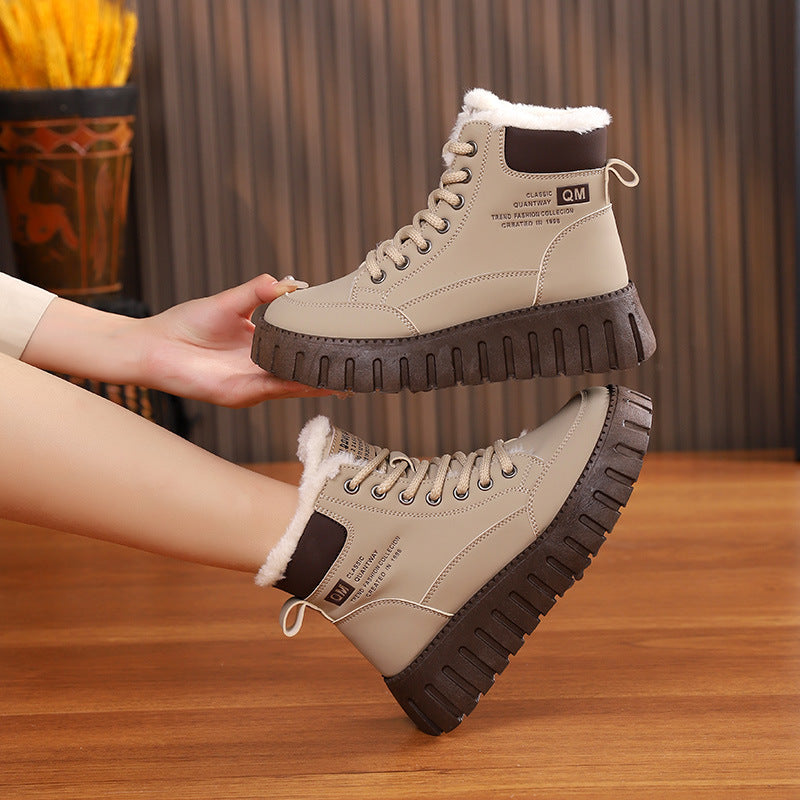 Ins Lace-up Snow Boots Winter Warm Fleece Flat Shoes For Women Fashion Casual Plush Ankle Boot