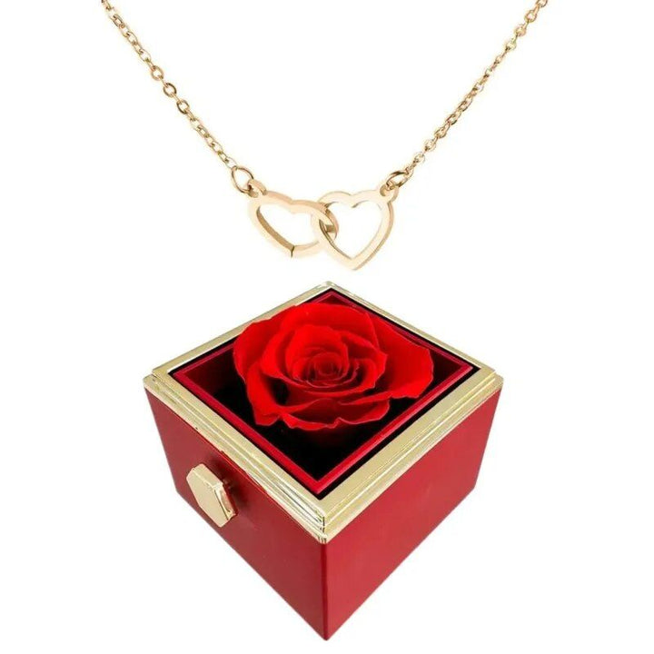 Elegant Stainless Steel Rotating Rose Box with Engraved Heart Necklace