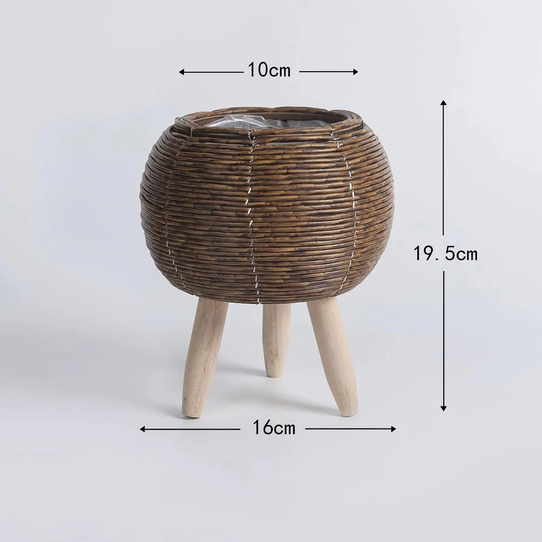 Vintage Imitation Rattan Flower Stand with Wooden Legs