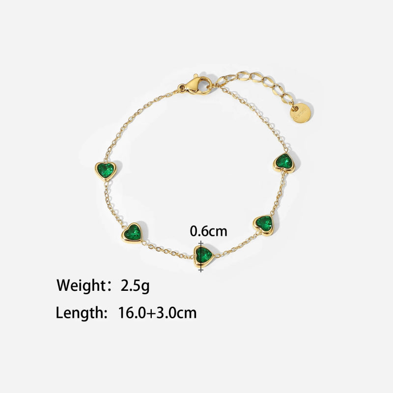 Dainty 14K Gold Plated Multi Green Heart Bracelet