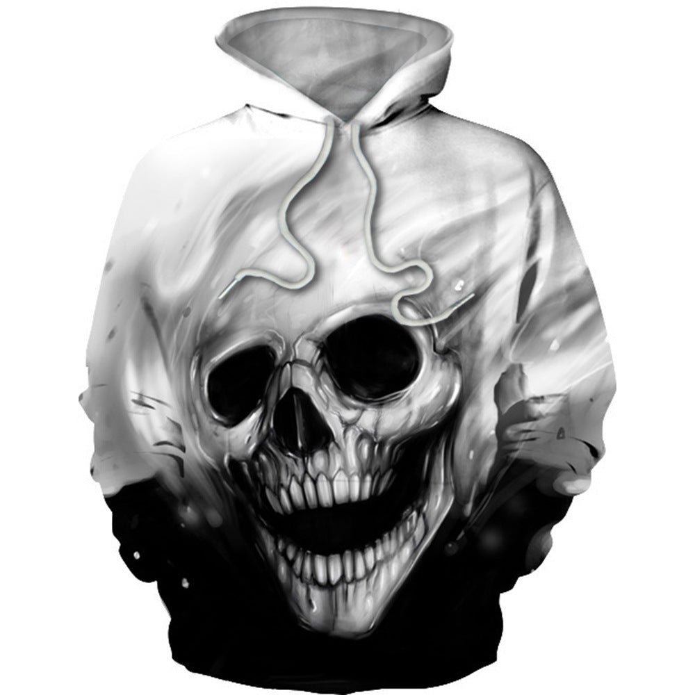 Blue Skull Printed Hood Pocket Pullover Sweater