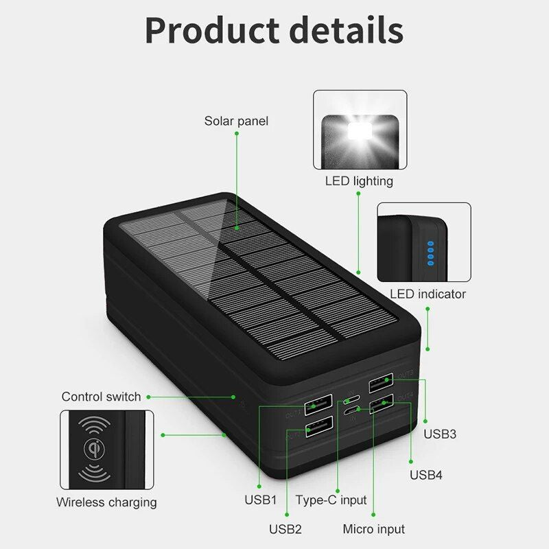 100000mAh Magnetic Wireless Solar Power Bank with Super Fast Charging & 4 USB Ports