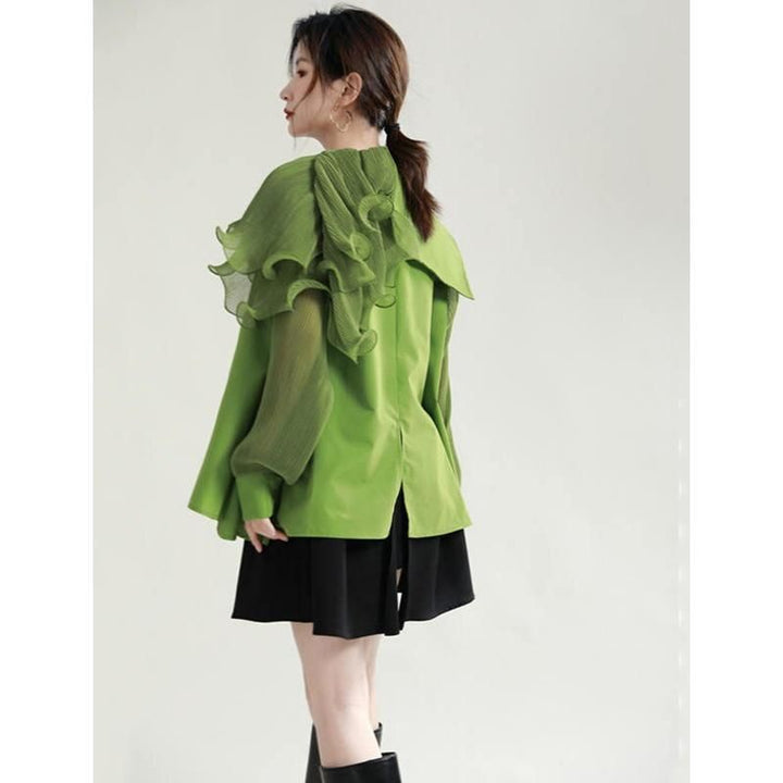 Green Pleated Belted Blouse