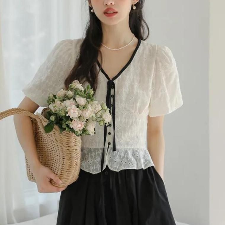 Vintage Lace Puff Sleeve V-Neck Shirt