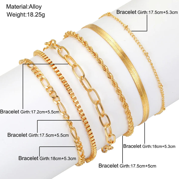 6-Piece Gold Bracelet Set – Boho Chic Cuban Chain Design for Women