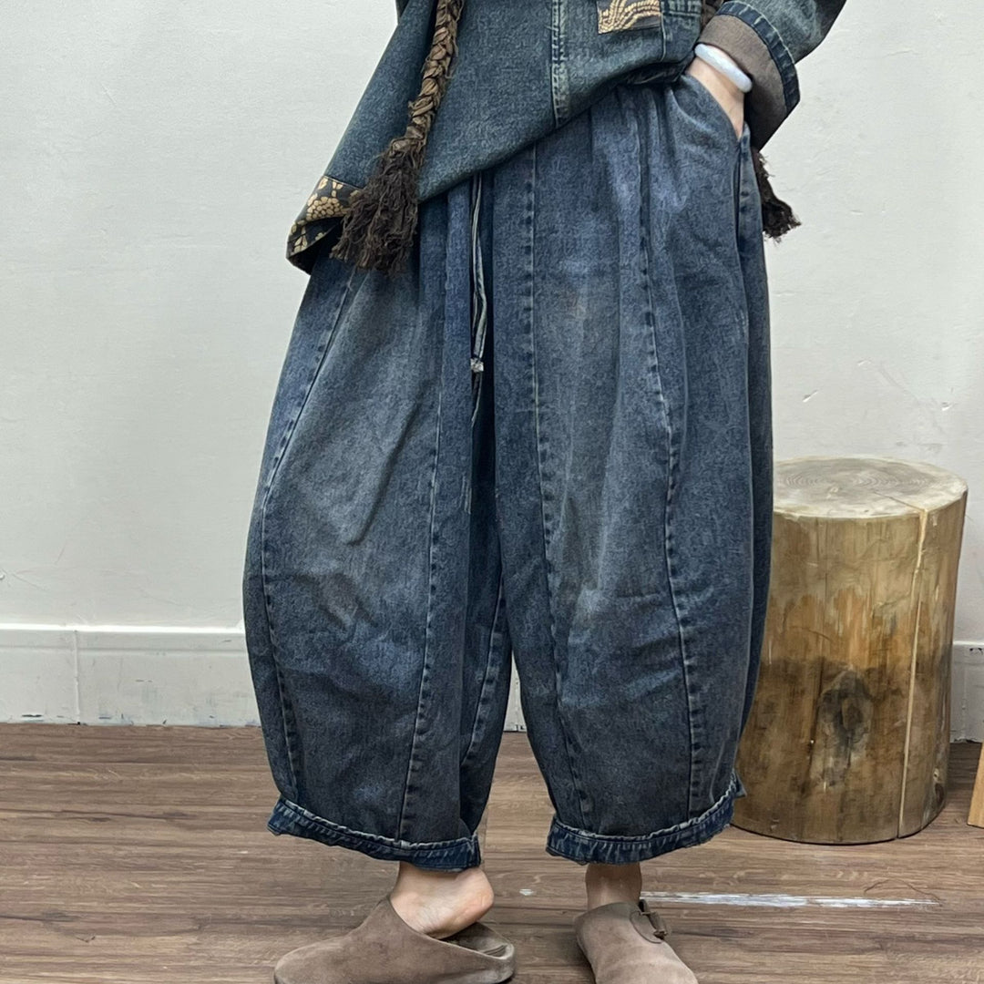 Women's Large Size Retro Denim Elastic Wide-leg Pants