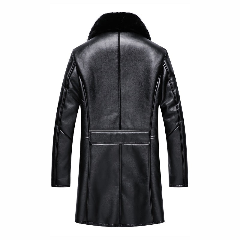 Winter Big Fur Collar Men's Leather Coat Padded Fleece Jacket