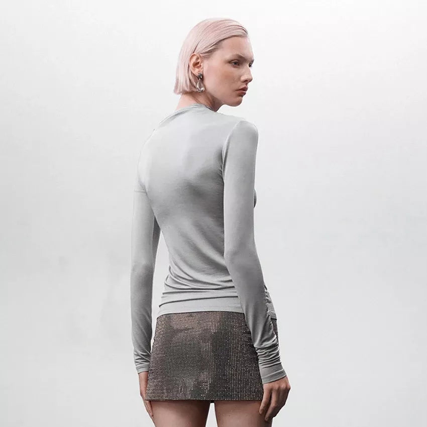 Grey Asymmetrical Collar Ruched Tee