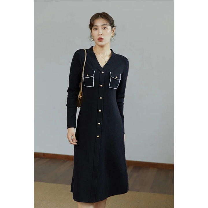 Elegant Black V-Neck Knitted A-line Winter Dress