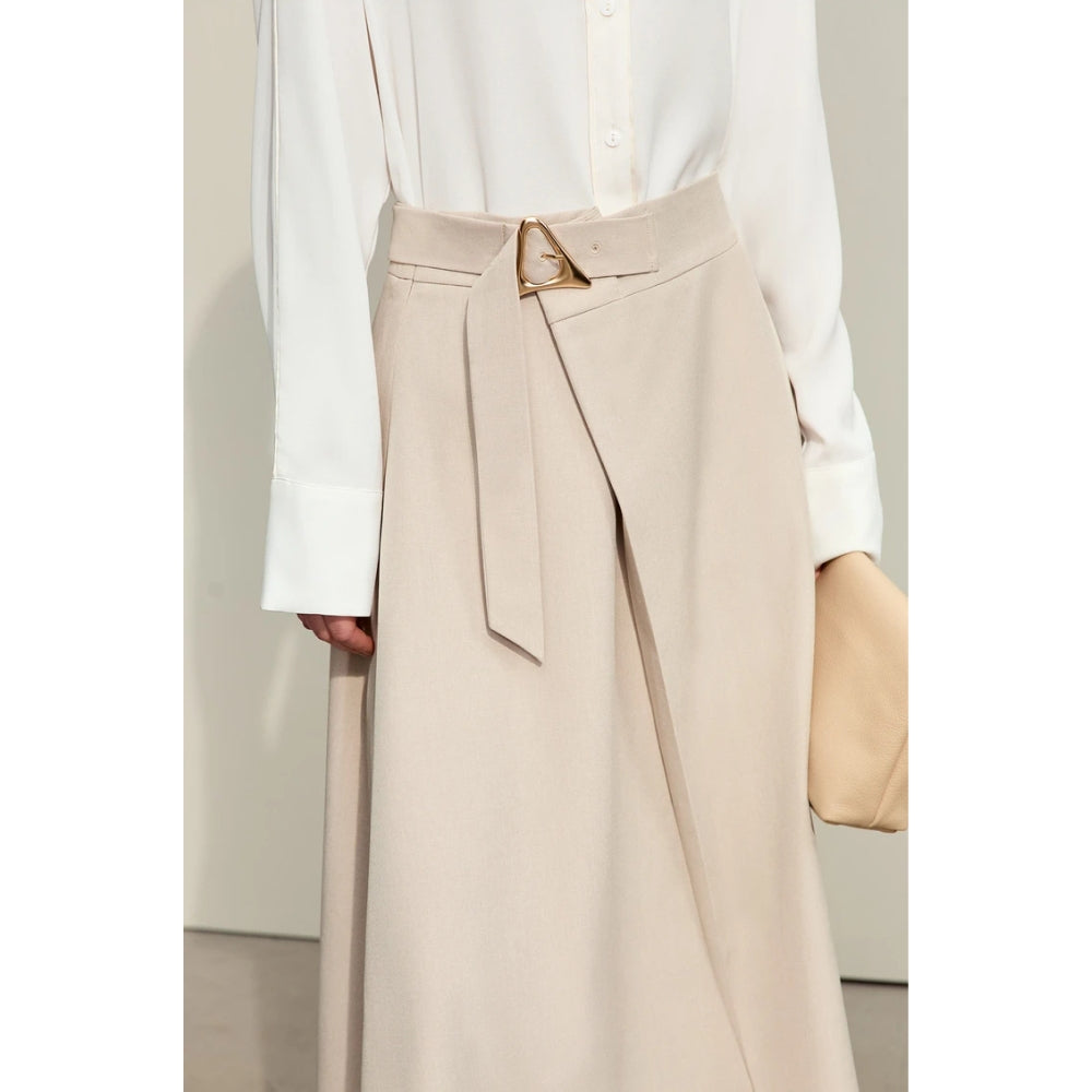 Trendy Office Lady A-line Loose Skirt with Geometric Buckle Belt