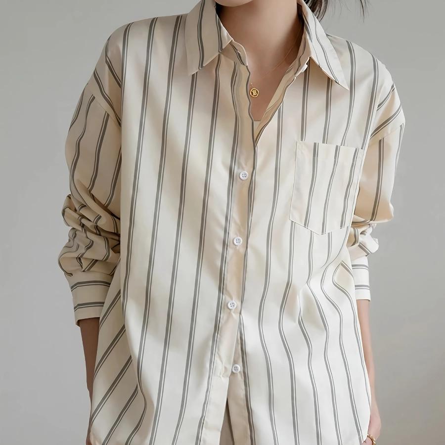 Elegant Striped Office Blouse with Drop Shoulder Design