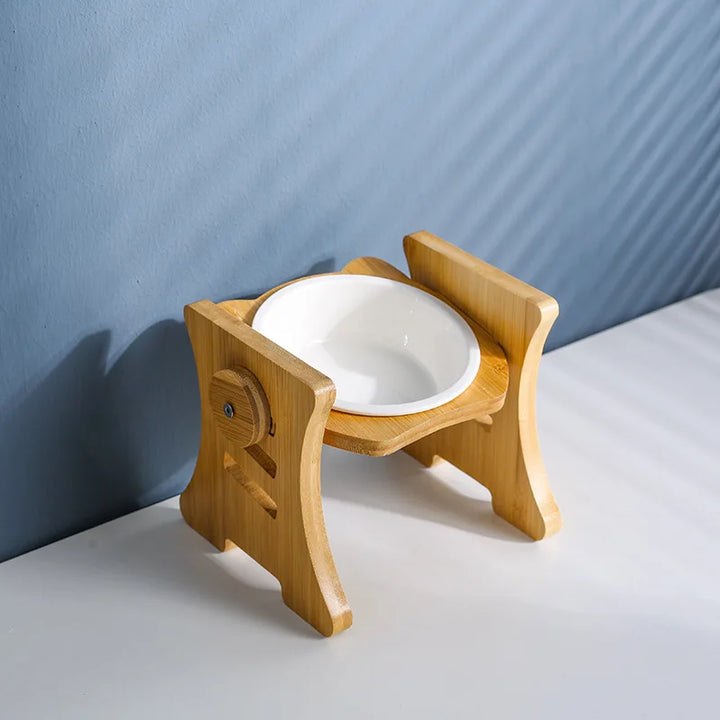 Elevated Ceramic Pet Bowl with Wooden Stand - Double Raised Cat & Dog Food and Water Feeder