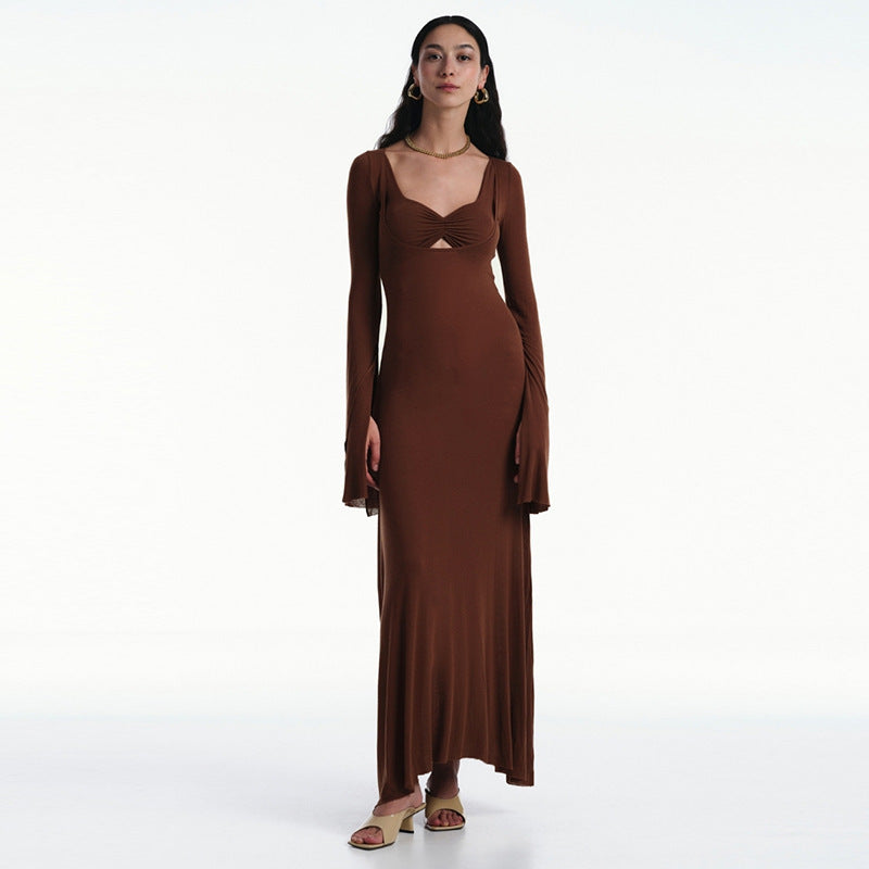 U-shaped Collar Long Sleeve Waist-tight Maxi Dress