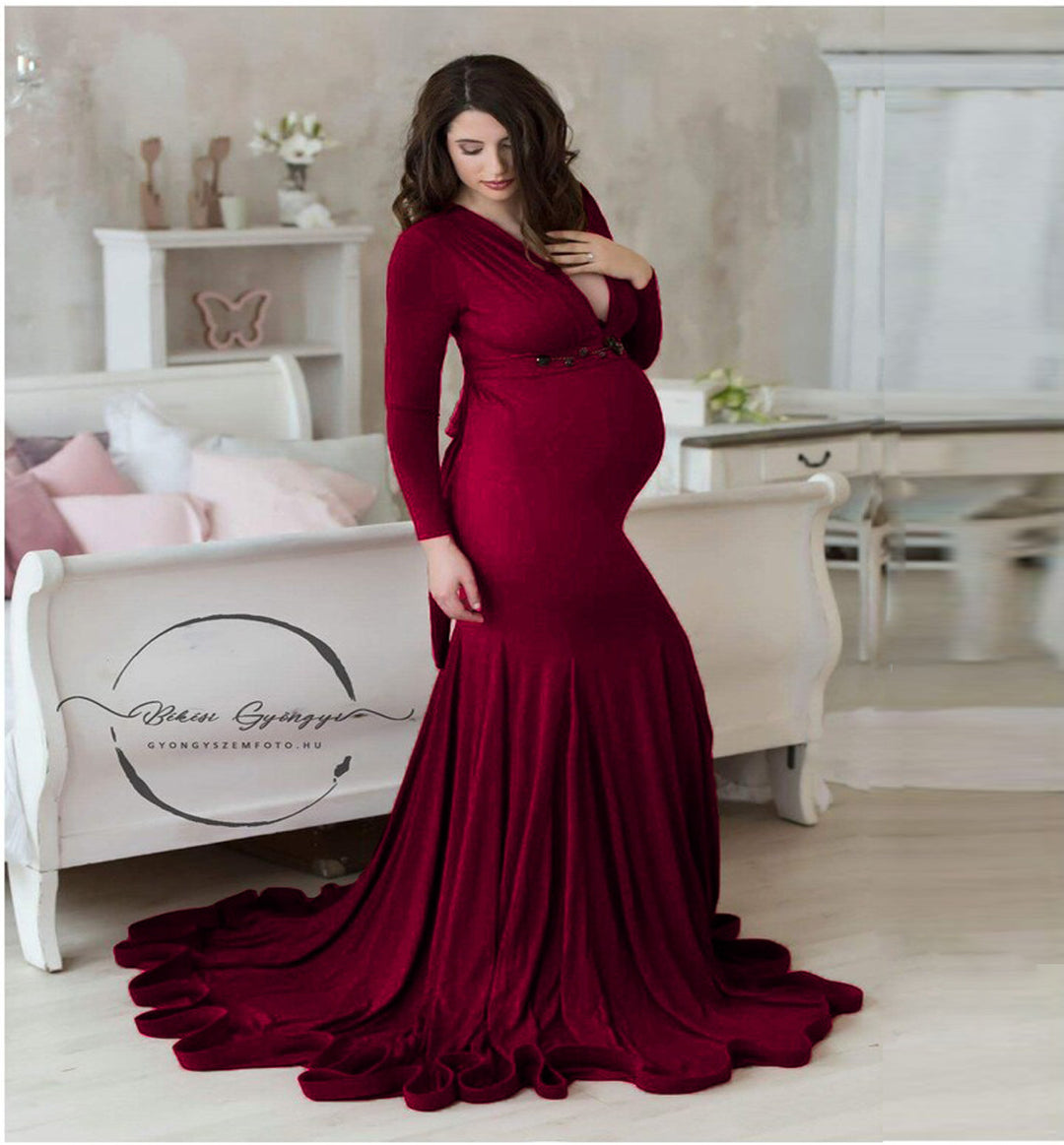 Mercerized Cotton Maternity V-neck Mop Long Sleeve Long Dress