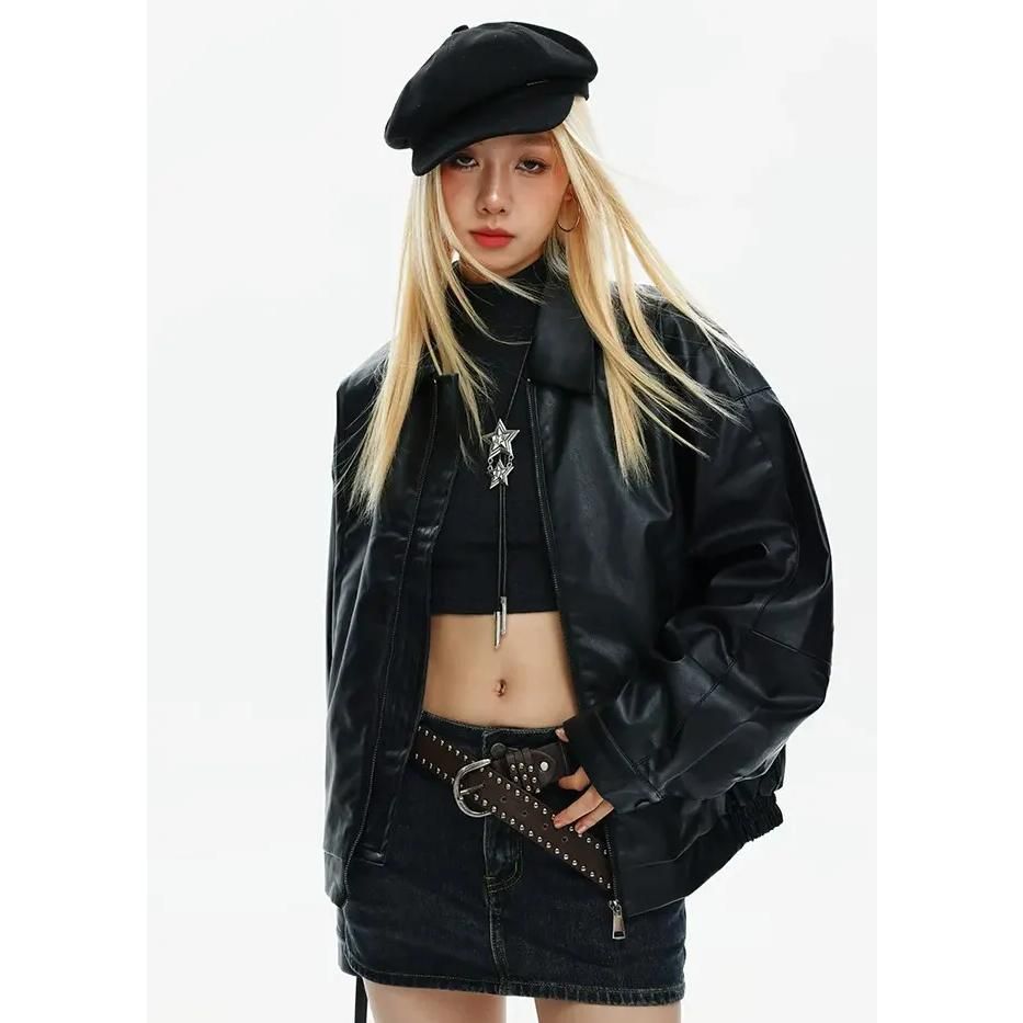 Edgy Zipper Bomber Jacket with Turn-down Collar