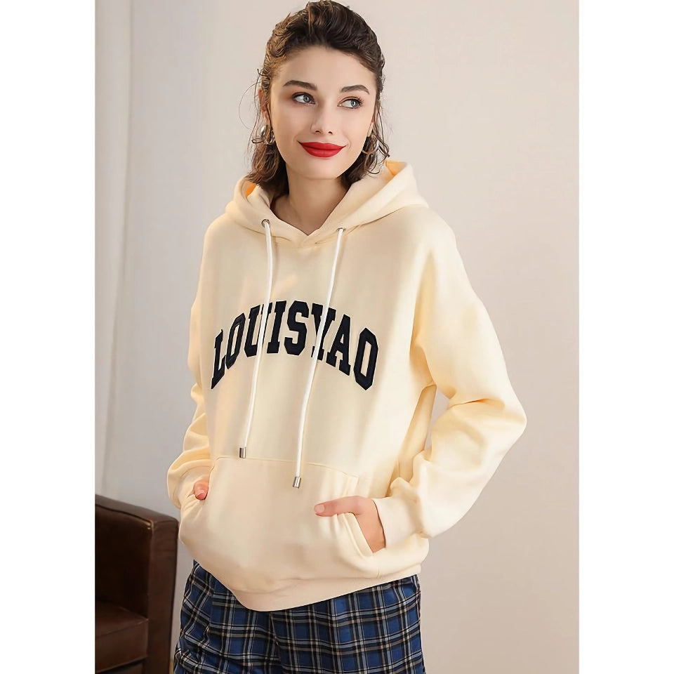 Hooded Drawstring Embroidered Patch Drop-Shoulder Pullover Hoodie