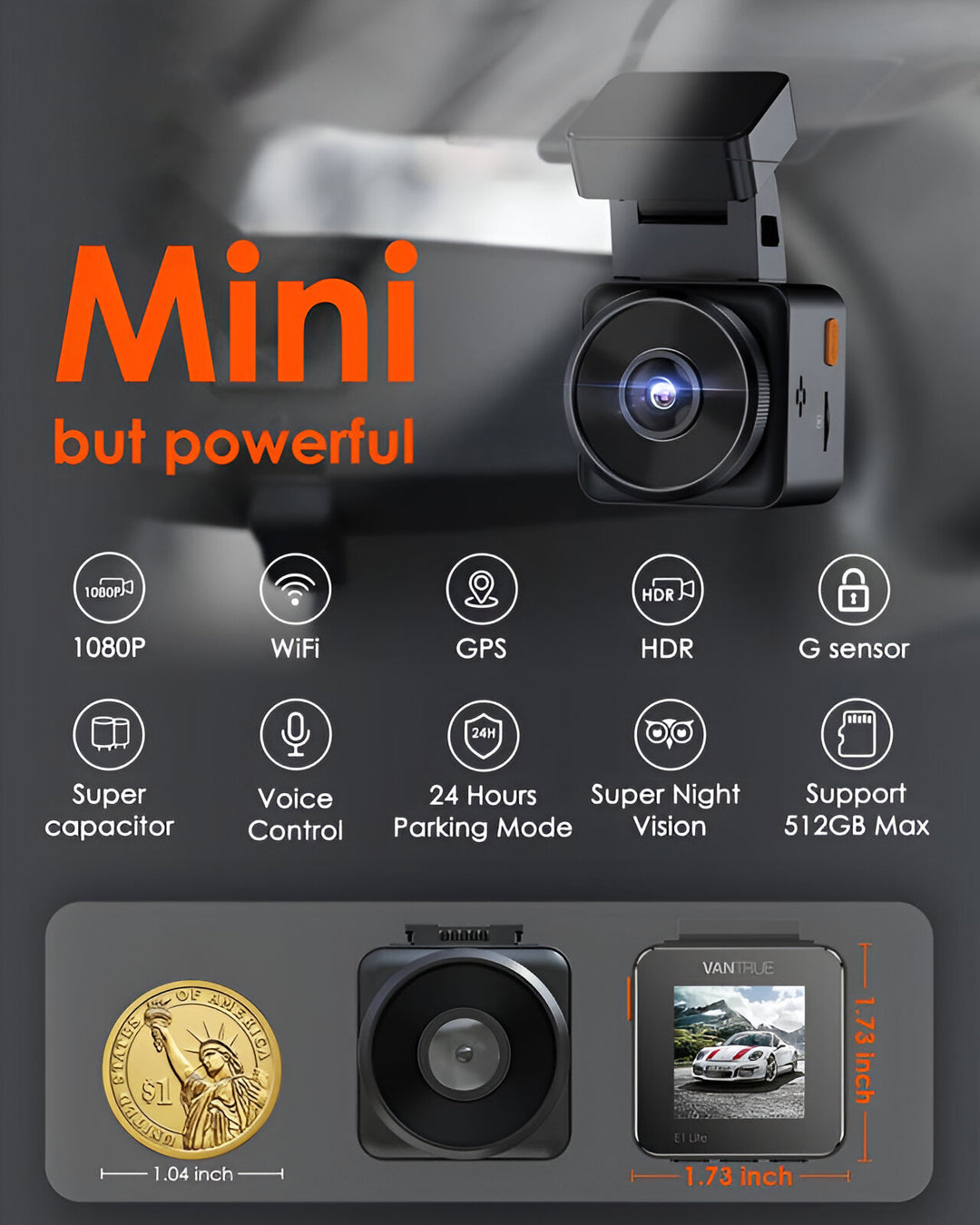 1080P WiFi Mini Dash Cam with GPS, Voice Control, Night Vision, Parking Mode