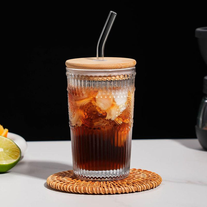 350ML Transparent Glass Cup with Wooden Lid & Straw