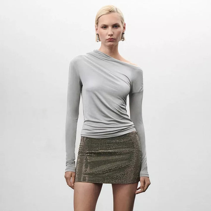 Grey Asymmetrical Collar Ruched Tee